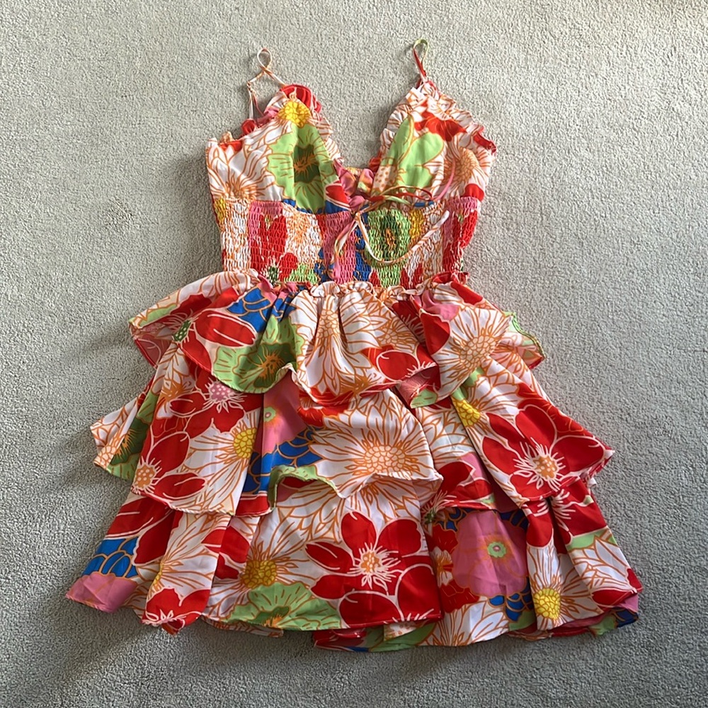 fab'rik Women’s Colorful Floral Mini Dress Size Medium Zippers on Sides